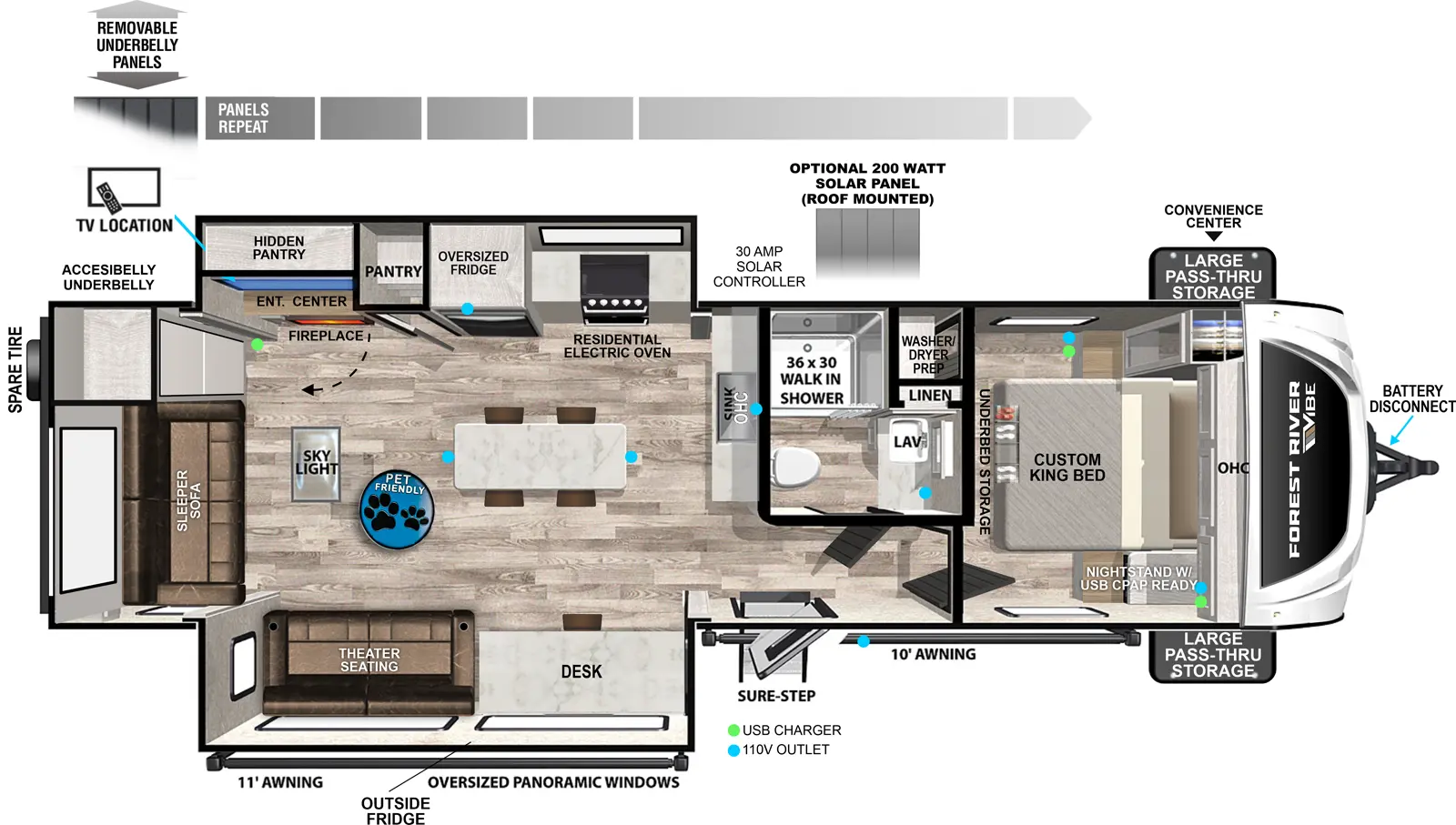 The Vibe 2800RL floorplan has one entry and two slide outs. Exterior features include: fiberglass exterior and 11' & 10' awning. Interiors features include: front bedroom and rear living.